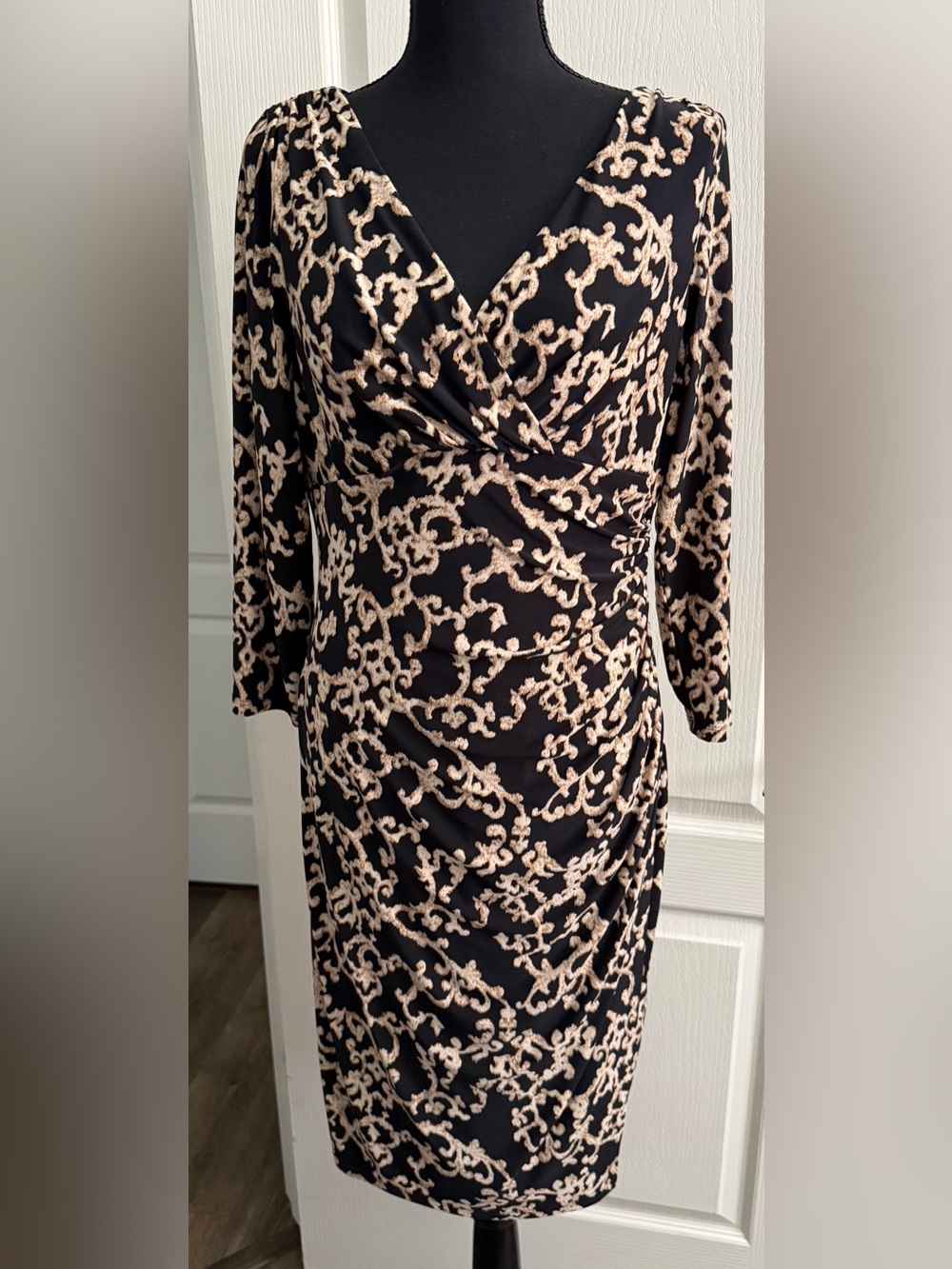 Ralph Lauren Black & Beige Patterned Women's Wrap-Style Dress Medium